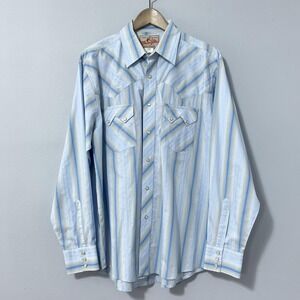 Wrangler Western Pearl Snap Shirt Mens Large Blue Sawtooth Pocket Stripe Cowboy